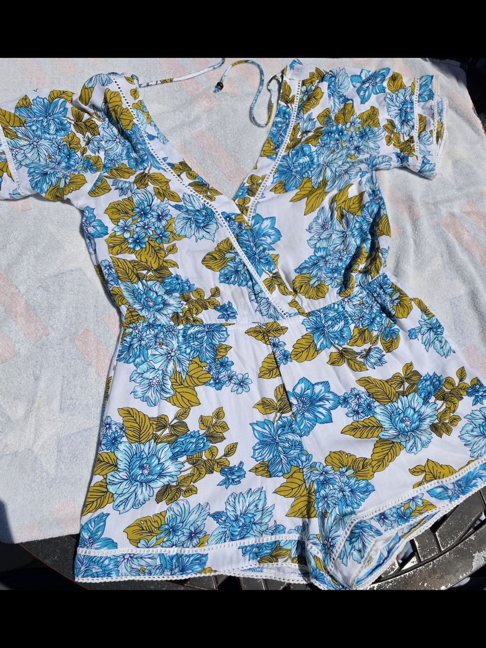 Women's Floral Open Back One-Piece Romper - White with Blue & Mustard Floral